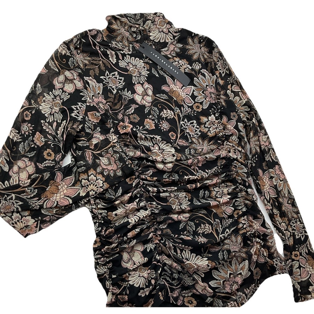 Jane and Delancey Mesh Top Womens XL Floral Print Sheer Ruched Long Sleeve NWT